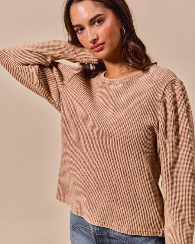 SO ME Mineral Washed Waffle Top With Puff Sleeves - Sleekdenim.com