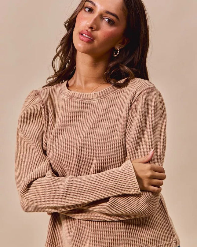 SO ME Mineral Washed Waffle Top With Puff Sleeves - Sleekdenim.com