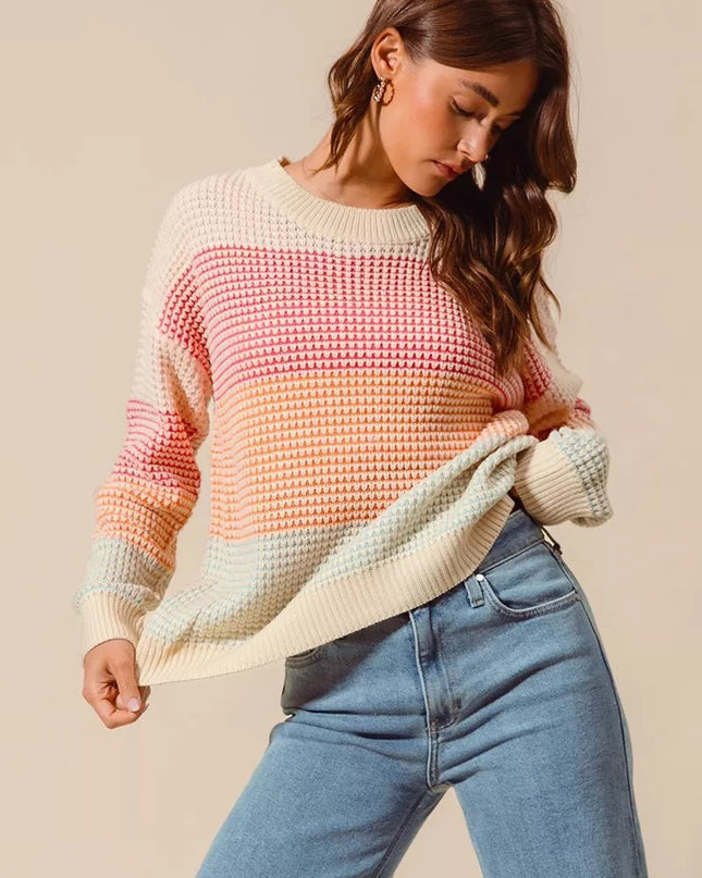 SO ME Multi Color Block Long Sleeve Sweater - Sleekdenim.com