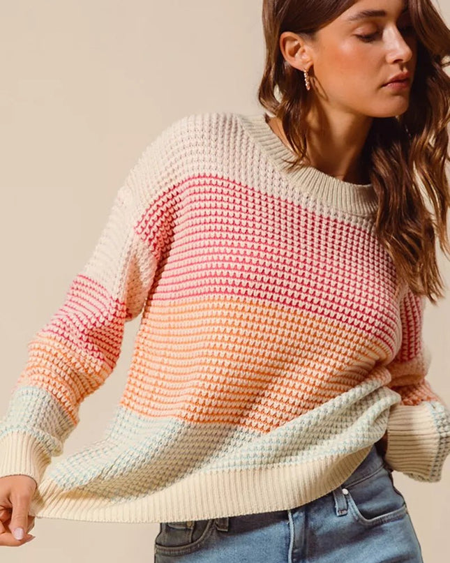 SO ME Multi Color Block Long Sleeve Sweater - Sleekdenim.com