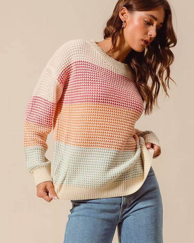 SO ME Multi Color Block Long Sleeve Sweater - Sleekdenim.com