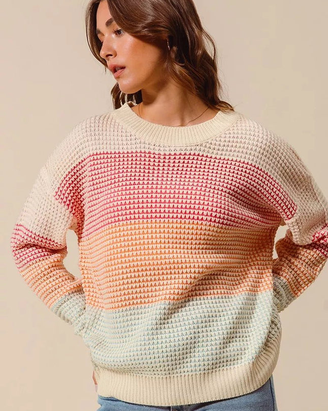 SO ME Multi Color Block Long Sleeve Sweater - Sleekdenim.com