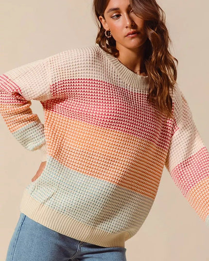 SO ME Multi Color Block Long Sleeve Sweater - Sleekdenim.com