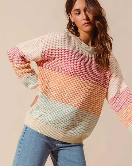 SO ME Multi Color Block Long Sleeve Sweater - Sleekdenim.com