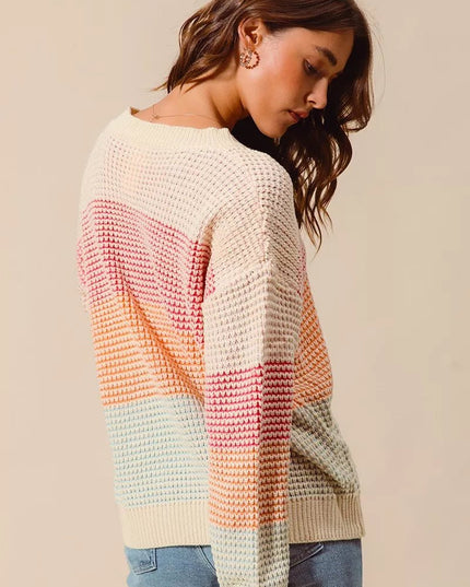 SO ME Multi Color Block Long Sleeve Sweater - Sleekdenim.com