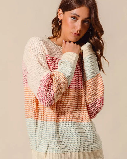 SO ME Multi Color Block Long Sleeve Sweater - Sleekdenim.com