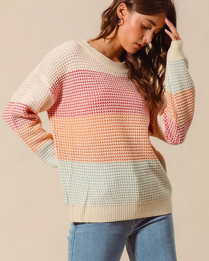 SO ME Multi Color Block Long Sleeve Sweater - Sleekdenim.com