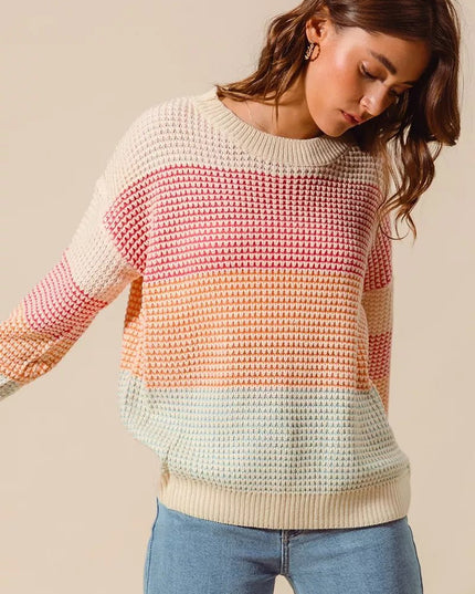 SO ME Multi Color Block Long Sleeve Sweater - Sleekdenim.com