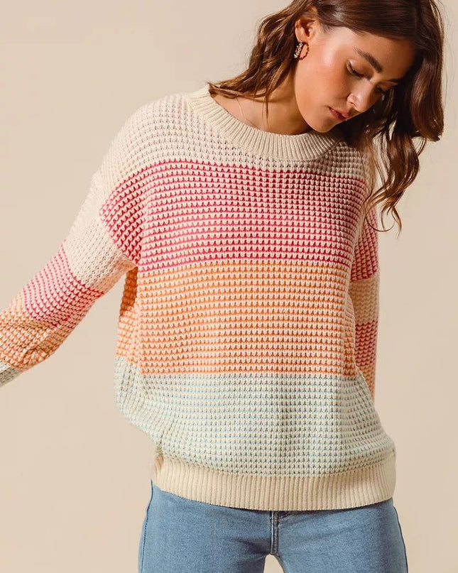 SO ME Multi Color Block Long Sleeve Sweater - Sleekdenim.com