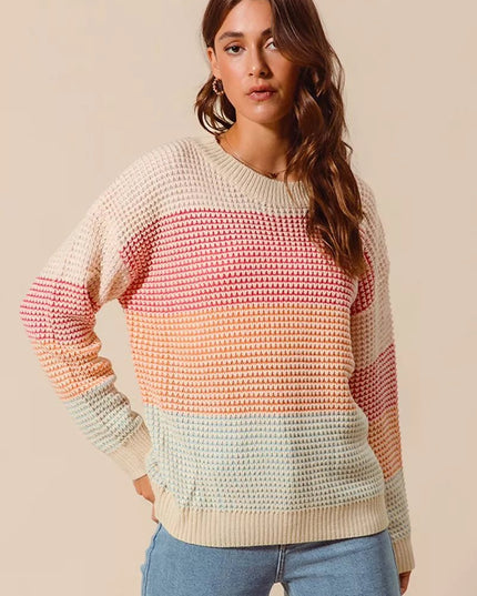 SO ME Multi Color Block Long Sleeve Sweater - Sleekdenim.com