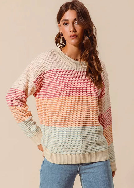 SO ME Multi Color Block Long Sleeve Sweater - Sleekdenim.com