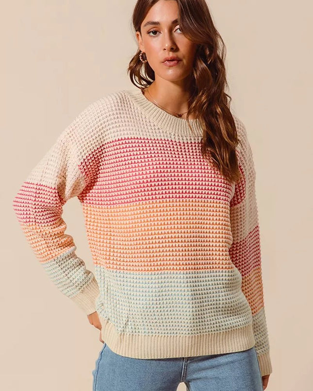 SO ME Multi Color Block Long Sleeve Sweater - Sleekdenim.com