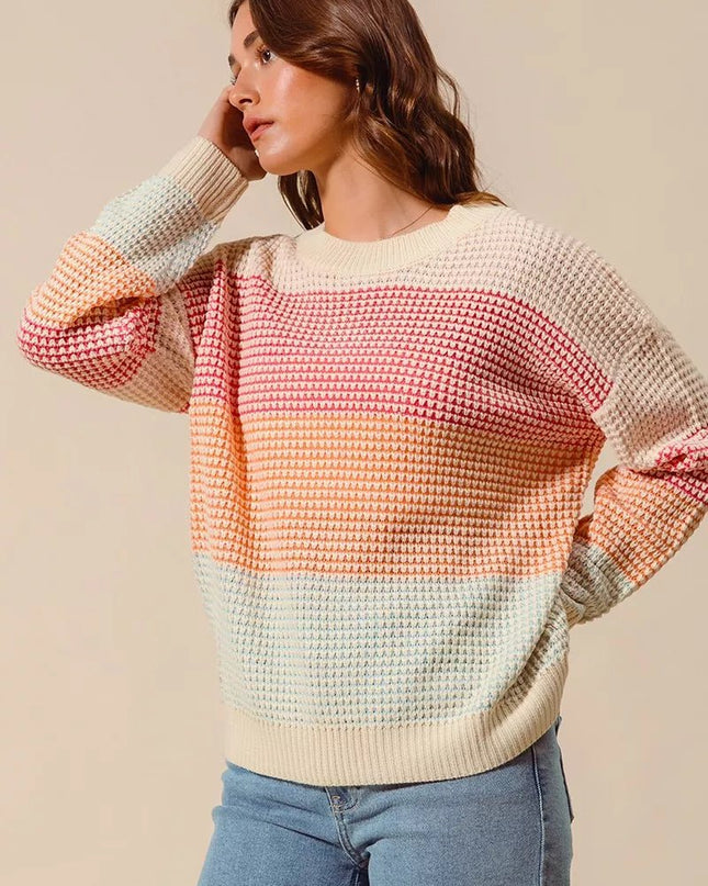 SO ME Multi Color Block Long Sleeve Sweater - Sleekdenim.com