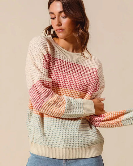 SO ME Multi Color Block Long Sleeve Sweater - Sleekdenim.com