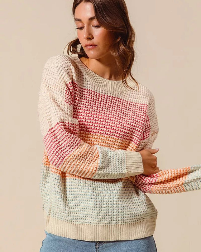 SO ME Multi Color Block Long Sleeve Sweater - Sleekdenim.com