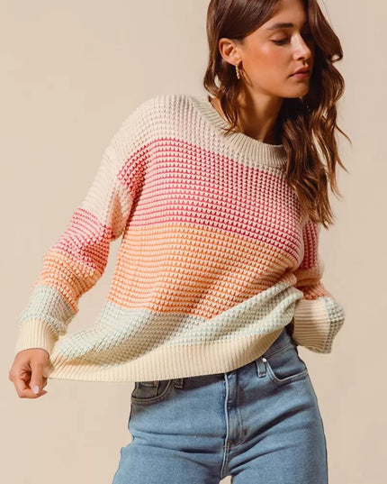 SO ME Multi Color Block Long Sleeve Sweater - Sleekdenim.com