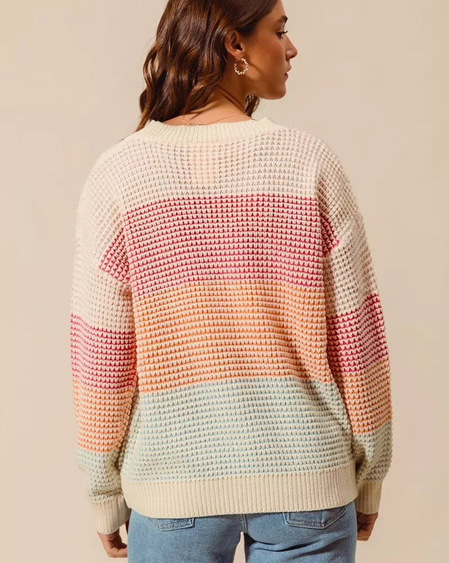 SO ME Multi Color Block Long Sleeve Sweater - Sleekdenim.com