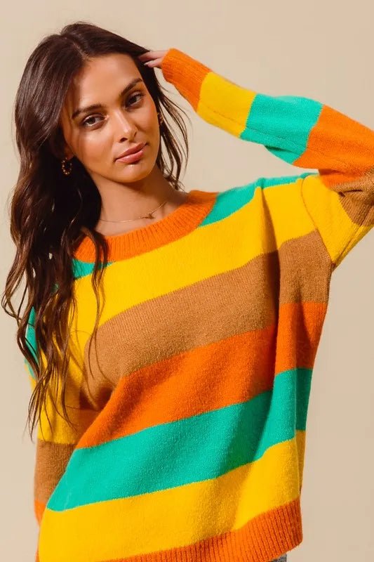 SO ME Multi Color Stripe Sweater with Ribbed Detail - Sleekdenim.com