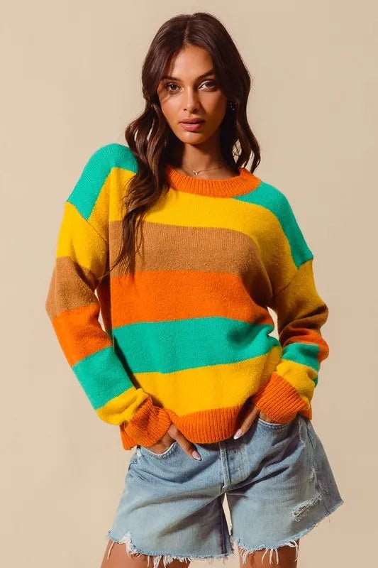 SO ME Multi Color Stripe Sweater with Ribbed Detail - Sleekdenim.com