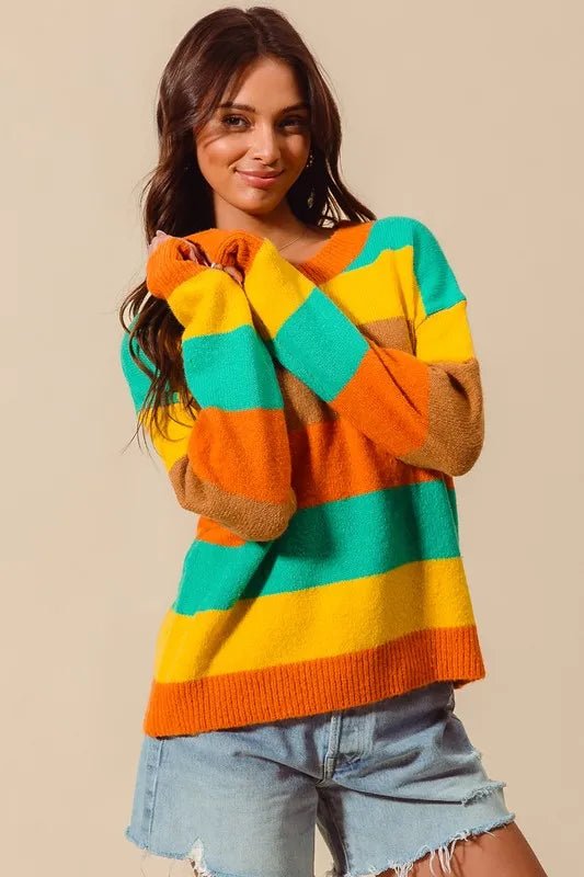 SO ME Multi Color Stripe Sweater with Ribbed Detail - Sleekdenim.com