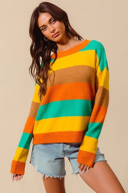 SO ME Multi Color Stripe Sweater with Ribbed Detail - Sleekdenim.com