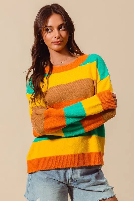 SO ME Multi Color Stripe Sweater with Ribbed Detail - Sleekdenim.com