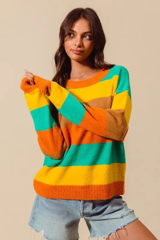 SO ME Multi Color Stripe Sweater with Ribbed Detail - Sleekdenim.com