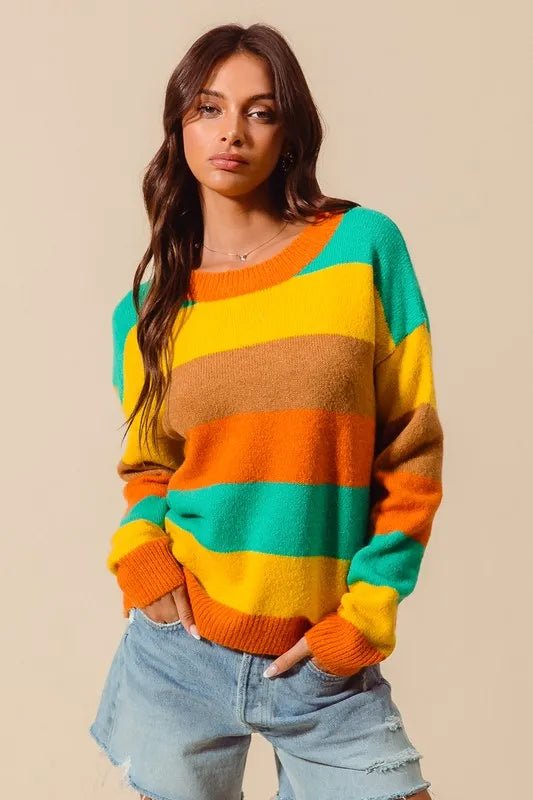 SO ME Multi Color Stripe Sweater with Ribbed Detail - Sleekdenim.com