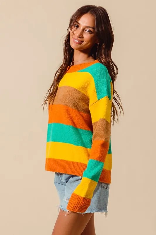SO ME Multi Color Stripe Sweater with Ribbed Detail - Sleekdenim.com