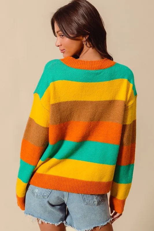 SO ME Multi Color Stripe Sweater with Ribbed Detail - Sleekdenim.com
