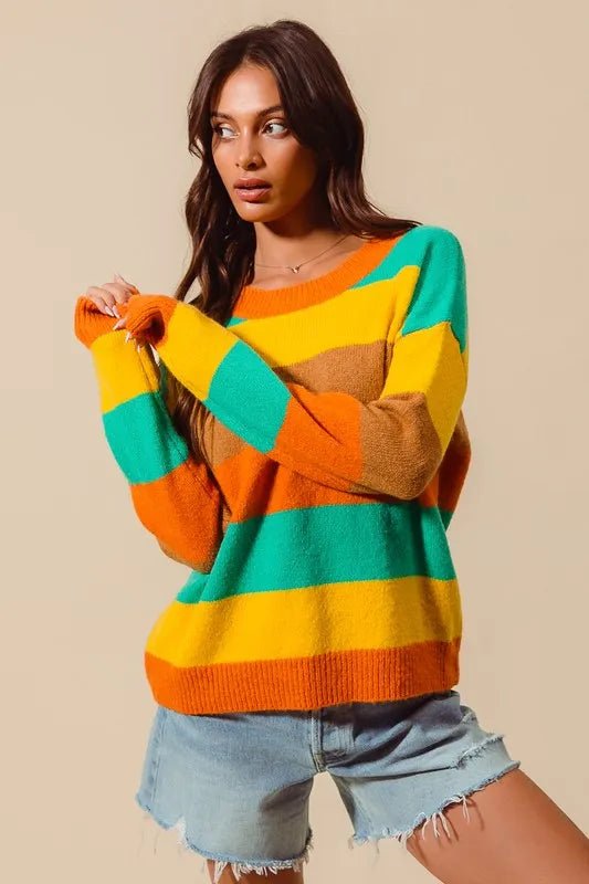 SO ME Multi Color Stripe Sweater with Ribbed Detail - Sleekdenim.com