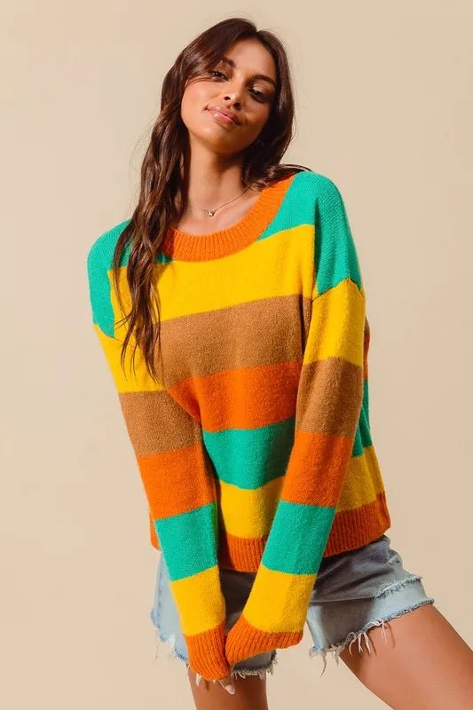 SO ME Multi Color Stripe Sweater with Ribbed Detail - Sleekdenim.com