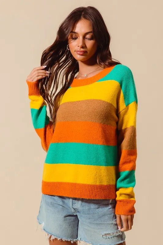 SO ME Multi Color Stripe Sweater with Ribbed Detail - Sleekdenim.com