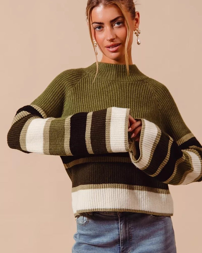 SO ME Multi Color Striped Mock Neck Sweater - Sleekdenim.com