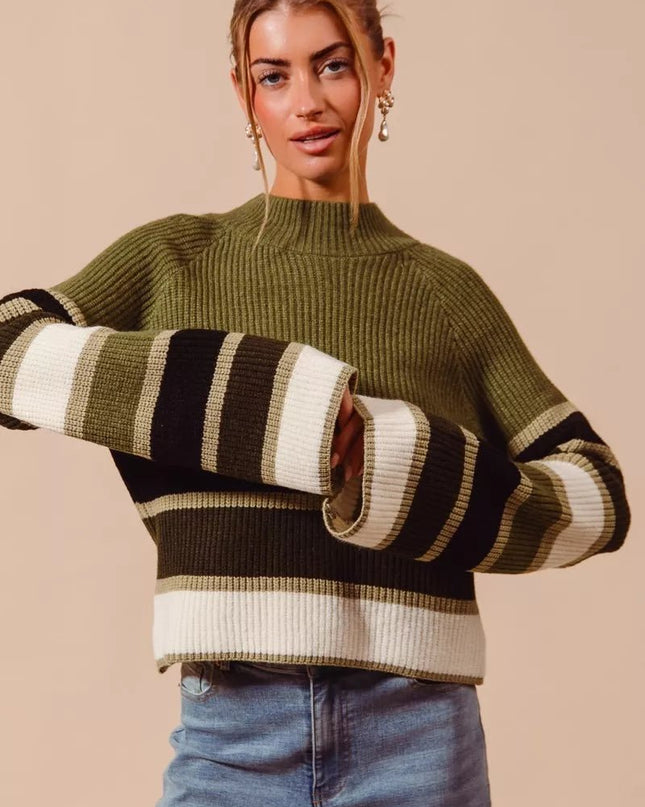 SO ME Multi Color Striped Mock Neck Sweater - Sleekdenim.com