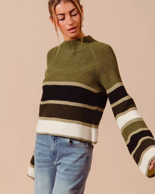 SO ME Multi Color Striped Mock Neck Sweater - Sleekdenim.com