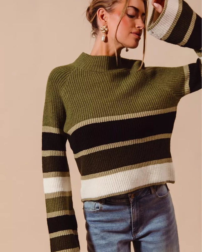 SO ME Multi Color Striped Mock Neck Sweater - Sleekdenim.com