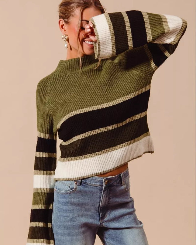 SO ME Multi Color Striped Mock Neck Sweater - Sleekdenim.com