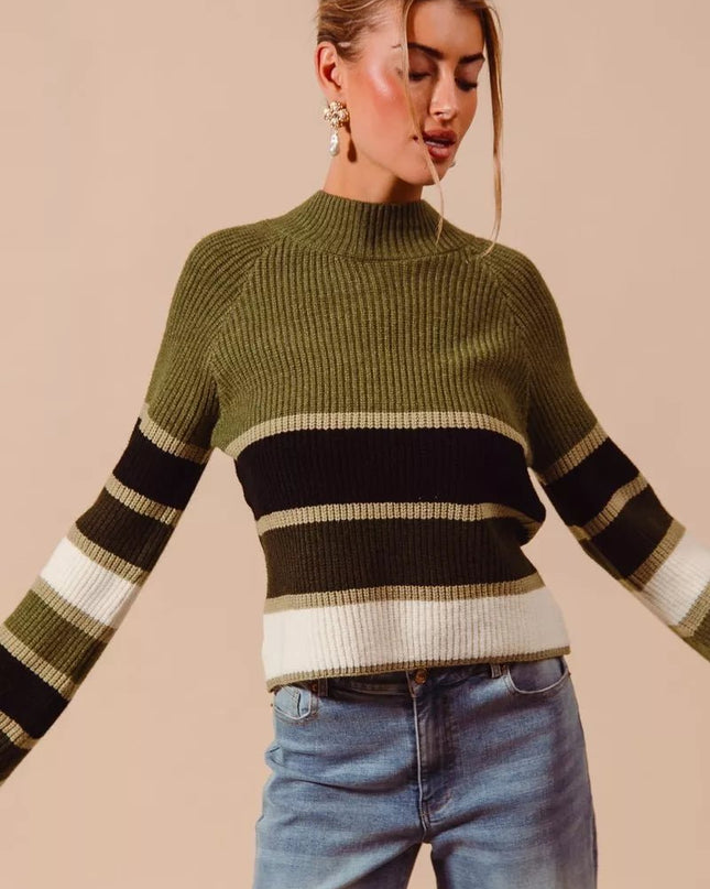 SO ME Multi Color Striped Mock Neck Sweater - Sleekdenim.com