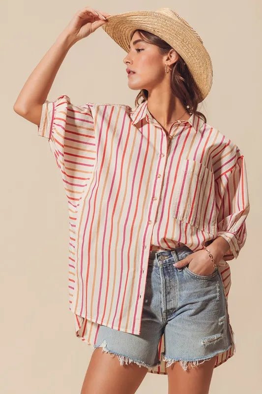 SO ME Multicolored Stripe Button Down Shirt - Sleekdenim.com
