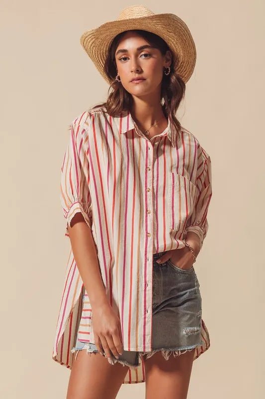 SO ME Multicolored Stripe Button Down Shirt - Sleekdenim.com