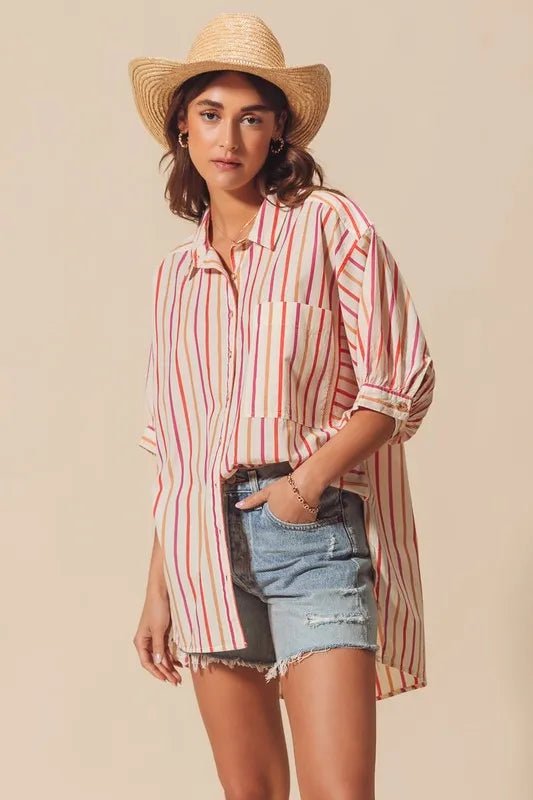 SO ME Multicolored Stripe Button Down Shirt - Sleekdenim.com