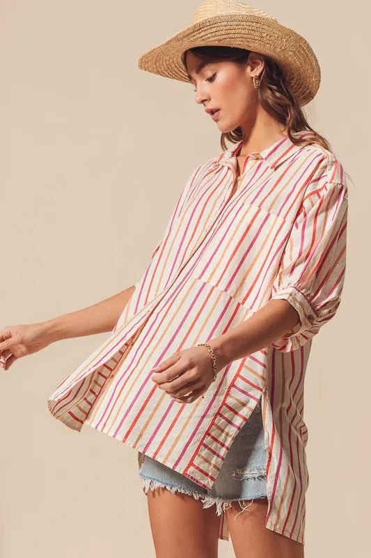 SO ME Multicolored Stripe Button Down Shirt - Sleekdenim.com