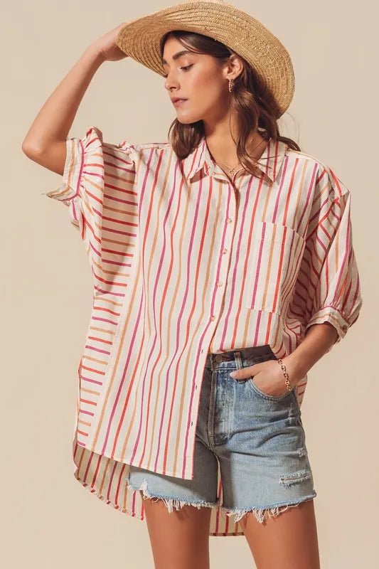 SO ME Multicolored Stripe Button Down Shirt - Sleekdenim.com