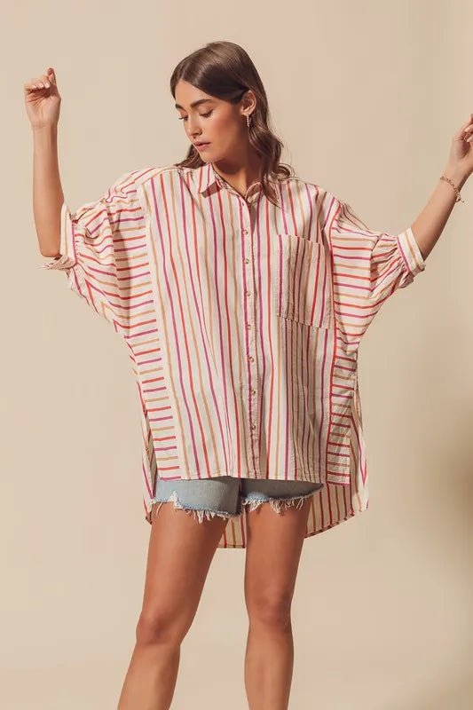 SO ME Multicolored Stripe Button Down Shirt - Sleekdenim.com