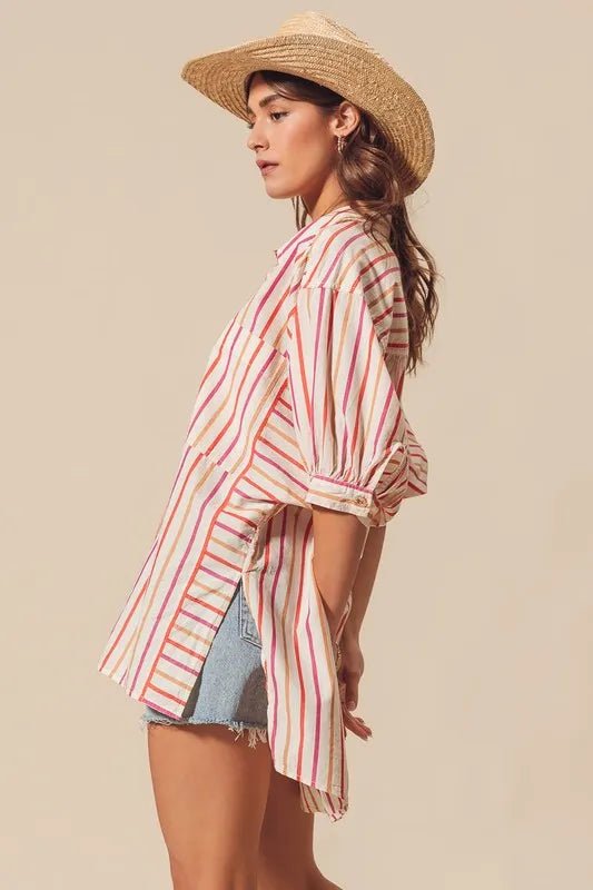 SO ME Multicolored Stripe Button Down Shirt - Sleekdenim.com