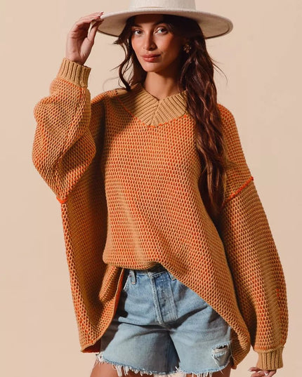 SO ME Oversized Two Tone Textured V Neck Sweater - Sleekdenim.com