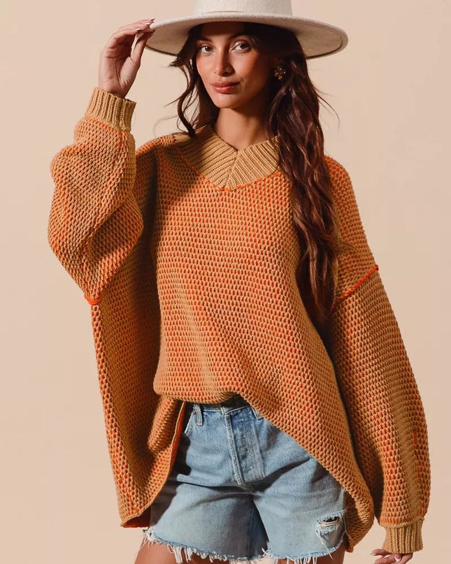 SO ME Oversized Two Tone Textured V Neck Sweater - Sleekdenim.com