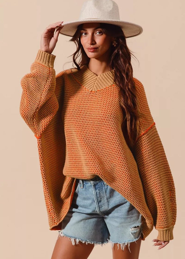 SO ME Oversized Two Tone Textured V Neck Sweater - Sleekdenim.com