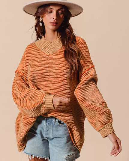 SO ME Oversized Two Tone Textured V Neck Sweater - Sleekdenim.com